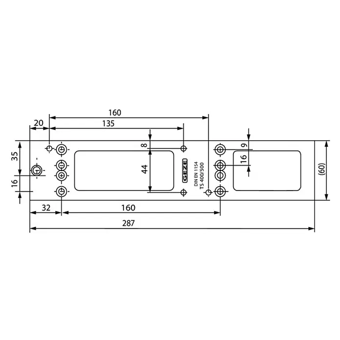 GEZE Montageplatte TS 4000 - L x B x H: 287 x 60 x 60 mm, Passend für: Feuerschutztür und Rauchschutztür zur Türblattmontage, Silber - Technische Zeichnung eines GEZE Produkts mit präzisen Maßangaben zur Veranschaulichung der Produktabmessungen und Spezifikationen.