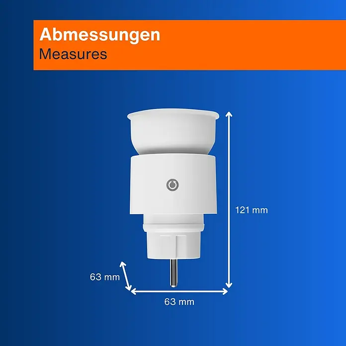 LED-Steckdosenspot - Ø x H: 6,3 x 10,4 cm, Weiß, 10 W, 1.000 lm, Dimmbar - Abbildung eines smarten Zwischensteckers mit Angabe der Abmessungen: 121mm hoch und 63mm breit.