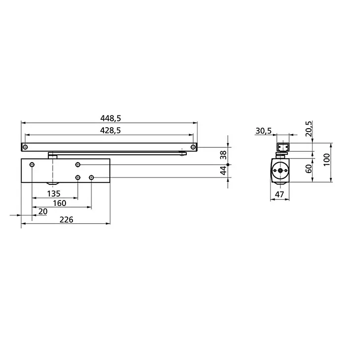 GEZE Türschließer TS 3000 - L x B x H: 226 x 47 x 60 mm, Max. Türbreite: 1.100 mm, Passend für: Türe gefälzt, Türe stumpf, Silber - Technisches Diagramm eines Türschließers mit Maßangaben zu seinen Abmessungen.