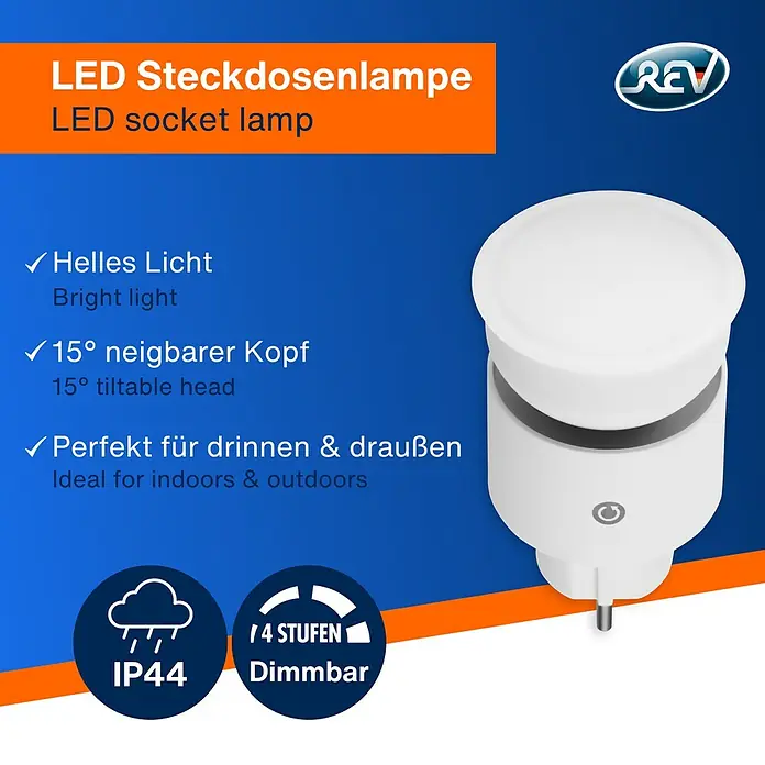 LED-Steckdosenspot - Ø x H: 6,3 x 10,4 cm, Weiß, 10 W, 1.000 lm, Dimmbar - LED-Steckdosenlampe: Helles Licht, neigbarer Kopf und ideal für drinnen & draußen. Mit IP44-Schutz und 4 Stufen dimmbar.