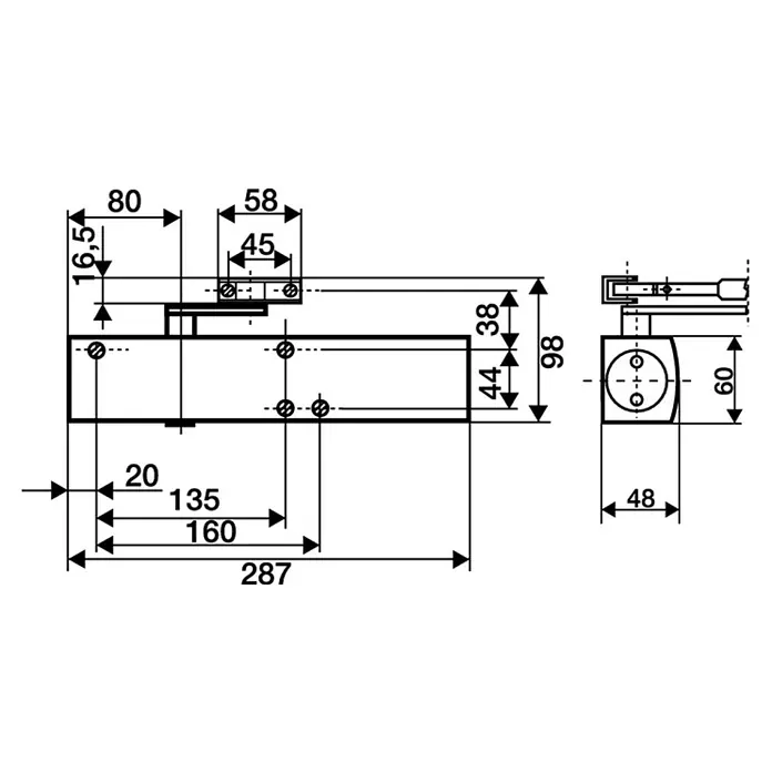 GEZE Türschließer TS 4000 - L x B x H: 287 x 46 x 60 mm, Max. Türbreite: 1.400 mm, Passend für: Feuerschutztür, für Rauchschutztür, Silber - Technische Zeichnung eines Türschließers mit Maßangaben für Montage und Abmessungen.\n