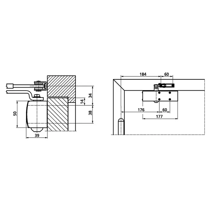 GEZE Türschließer TS 3000 - L x B x H: 226 x 47 x 60 mm, Max. Türbreite: 1.100 mm, Passend für: Türe gefälzt, Türe stumpf, Silber - Technische Zeichnung eines Türschließers mit Maßangaben. Der Türschließer ist detailliert abgebildet.