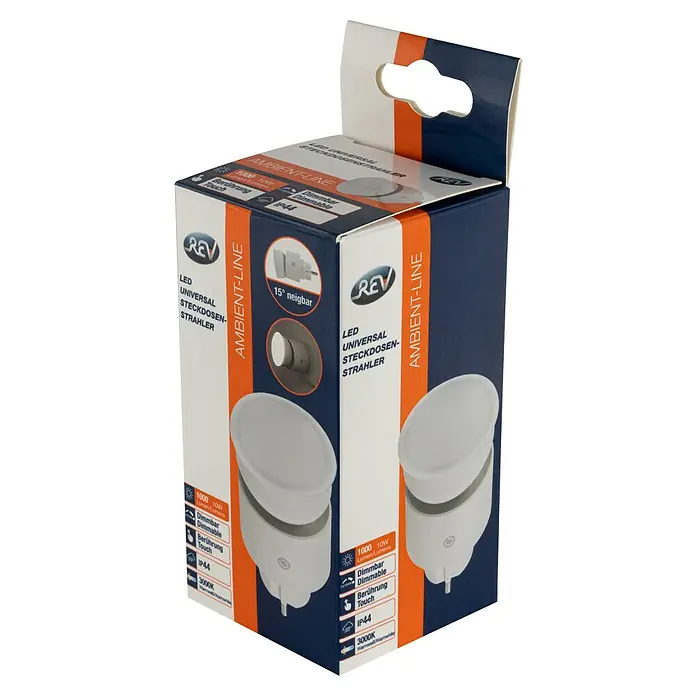 LED-Steckdosenspot - Ø x H: 6,3 x 10,4 cm, Weiß, 10 W, 1.000 lm, Dimmbar - Verpackung einer REV LED Universal Steckdosen-Strahler Ambient-Line, dimmbar, mit 1000 Lumen und 10W Leistung.