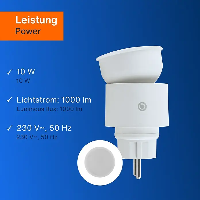 LED-Steckdosenspot - Ø x H: 6,3 x 10,4 cm, Weiß, 10 W, 1.000 lm, Dimmbar - Aufnahme einer Smart-Glühbirne mit technischen Details wie Leistung, Lichtstrom und Spannung.
