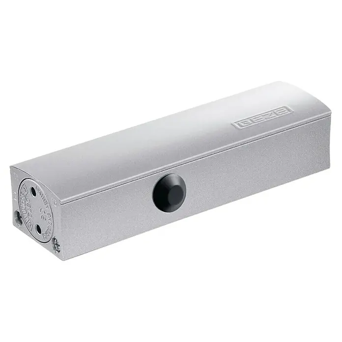GEZE Türschließer TS 1500 - L x B x H: 177 x 39 x 50 mm, Max. Türbreite: 1.100 mm, Passend für: Türe gefälzt, Türe stumpf, Silber - Ein silberner GEZE Türschließer mit einem schwarzen Knopf an der Seite und einer gravierten Marke. Der Türschließer ist für seine Qualität bekannt.