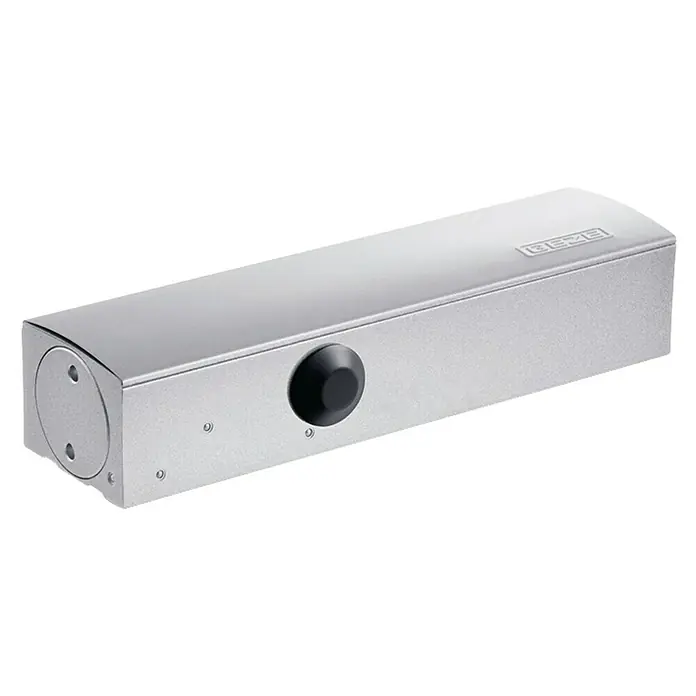 GEZE Türschließer TS 3000 - L x B x H: 226 x 47 x 60 mm, Max. Türbreite: 1.100 mm, Passend für: Türe gefälzt, Türe stumpf, Silber - Silberner GEZE Türschliesser mit schwarzem Bedienknopf für zuverlässige Türsteuerung im modernen Design.