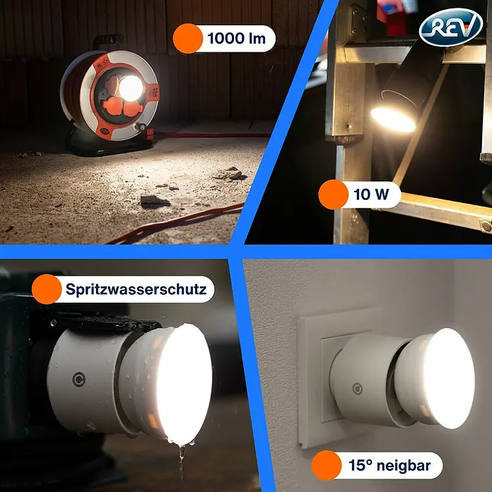LED-Steckdosenspot - Ø x H: 6,3 x 10,4 cm, Weiß, 10 W, 1.000 lm, Dimmbar - Das Bild zeigt eine Collage verschiedener REV-Beleuchtungsprodukte in Aktion, inklusive einer Arbeitsleuchte mit Kabeltrommel.