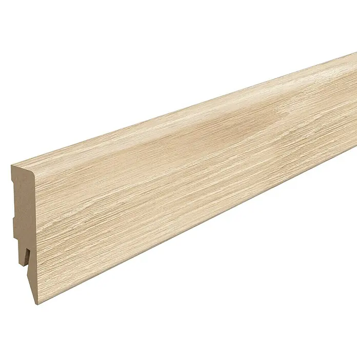 Egger Sockelleiste Cubical L717 Newport Eiche creme - 240 cm x 14 mm x 58 mm, MDF - Die Holzfußleiste mit Aderstruktur ist eine stilvolle Ergänzung für jeden Bodenbelag und sorgt für einen sauberen Übergang zur Wand.