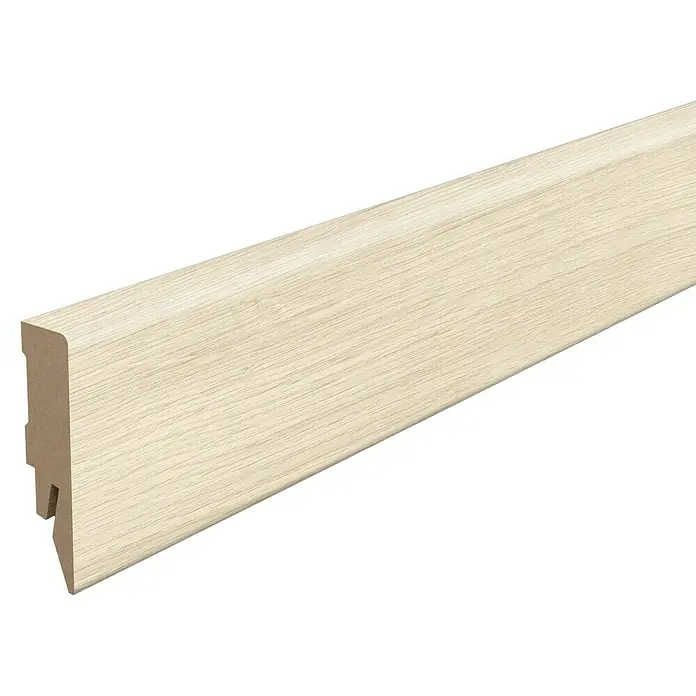 Egger Sockelleiste Cubical L728 Pinot Eiche weiss - 240 cm x 14 mm x 58 mm, MDF - Sockelleiste in heller Holzoptik. Die Leiste hat eine profilierte Form und ist für den Innenausbau geeignet.