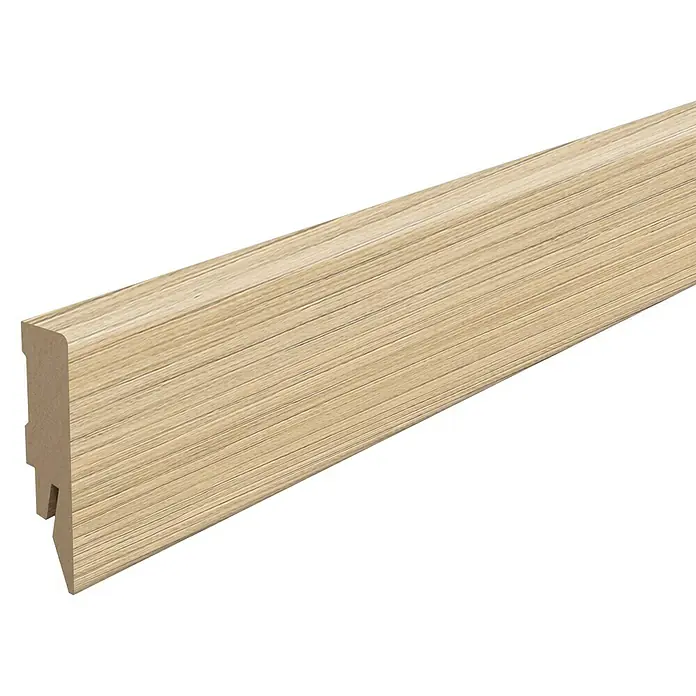 Egger Sockelleiste Cubical L685 Ortega Eiche natur - 240 cm x 14 mm x 58 mm, MDF - Holzleiste mit heller Holzmaserung. Die Leiste dient zur Verkleidung von Kanten oder Übergängen.