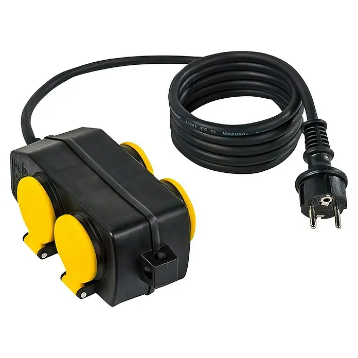 Voltomat Steckdosenleiste - Schwarz/Gelb, Kabellänge: 10 m, IP44, Ohne Schalter - Schwarzer Stromverteiler mit vier gelben Schutzkontaktsteckdosen und einem Stecker für den Einsatz im Innenbereich.