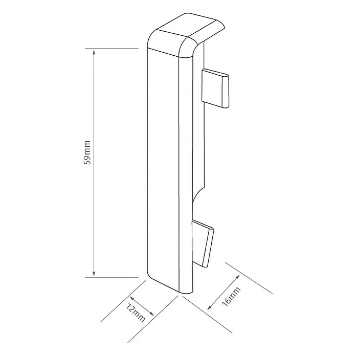 Egger Übergangskappe Cubical - Eiche graubraun, 2 Stk., Passend für: Egger Cubical Sockelleisten 14 x 58 mm - Bild eines Endstücks mit den Maßen 59 mm Höhe, 12 mm Breite und 16 mm Tiefe. Ein Endstück ist ein Befestigungselement zum Abschließen von Profilen.