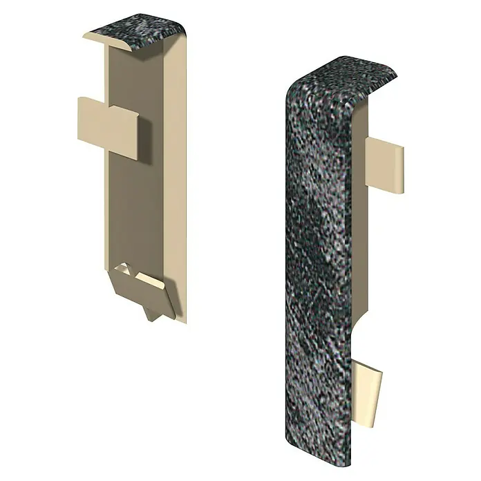 Egger Übergangskappe Cubical - Stein schwarz, 2 Stk., Passend für: Egger Cubical Sockelleisten 14 x 58 mm - Zwei L-förmige Halter, einer beige, einer dunkel strukturiert, mit Seiten- und Bodenlaschen.
