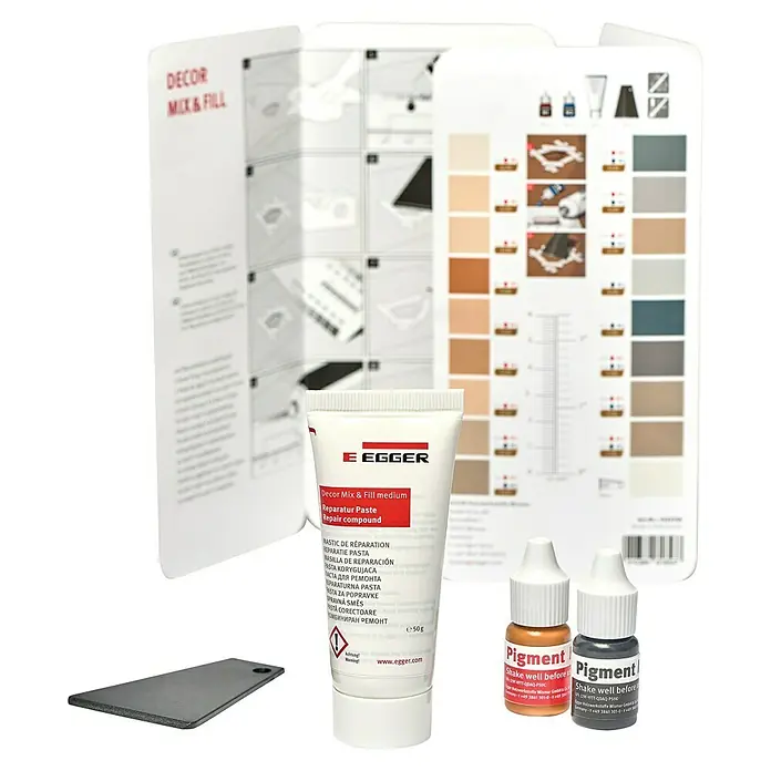 Egger Reparatur-Set Mix & Fill Medium Decor - Farbgebung: Mittel, 5 -tlg. - Egger Decor Mix & Fill Reparaturset mit Tube, zwei Pigmentflaschen, Mischspatel und Anleitungen.