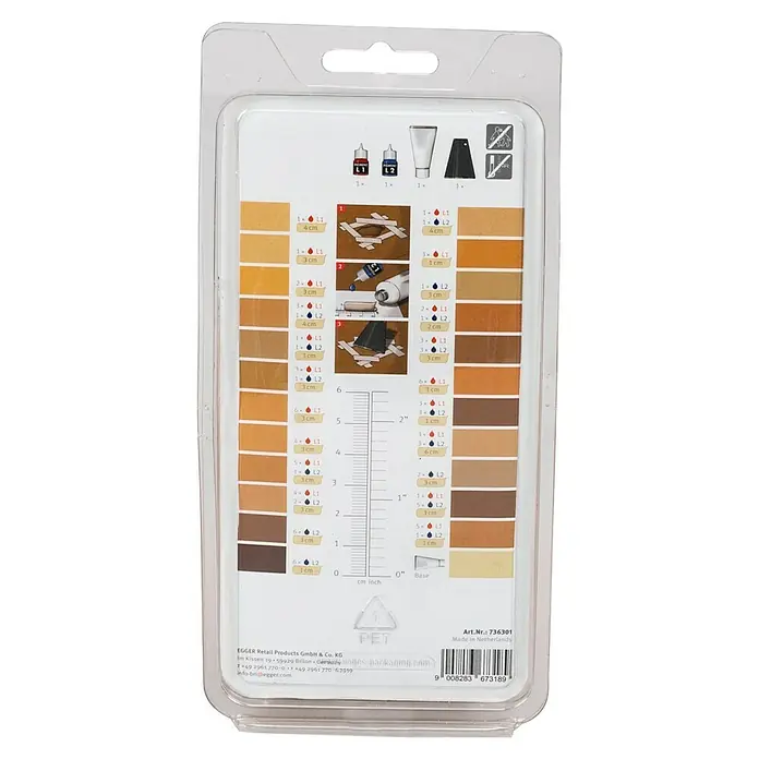 Egger Reparatur-Set Mix & Fill Light Decor - Farbgebung: Hell, 5 -tlg. - Holzreparatur-Set mit Pigmentflaschen, Tube, Spachtel, Farbtabellen und Anleitungen zum Mischen und Auftragen.