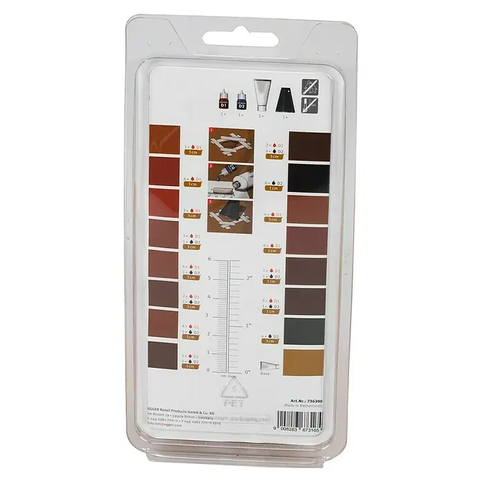 Egger Reparatur-Set Mix & Fill Dark Decor - Farbgebung: Dunkel, 5 -tlg. - Holzreparatur-Set in Blisterverpackung mit Farbmustern, Pigmentflaschen (D1, D2), Füllmasse und Mischanleitung mit Lineal.