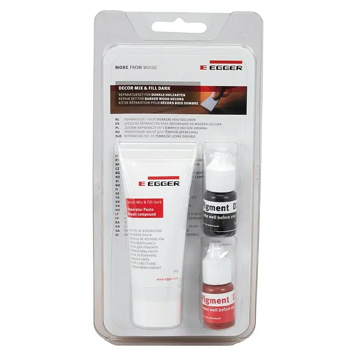 Egger Reparatur-Set Mix & Fill Dark Decor - Farbgebung: Dunkel, 5 -tlg. - Eine Blisterpackung mit einer weißen Tube Holzreparaturmasse und zwei Pigmentfläschchen (schwarz, rötlich-braun) für dunkle Holzdekore.