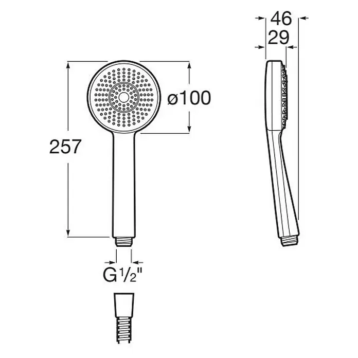 Roca Teleducha Stella - Número de funciones: 3 ud., Cromo - Dibujo técnico de un cabezal de ducha de mano con dimensiones, diámetro de 100 mm, longitud de 257 mm y conexión G1/2" para baño.