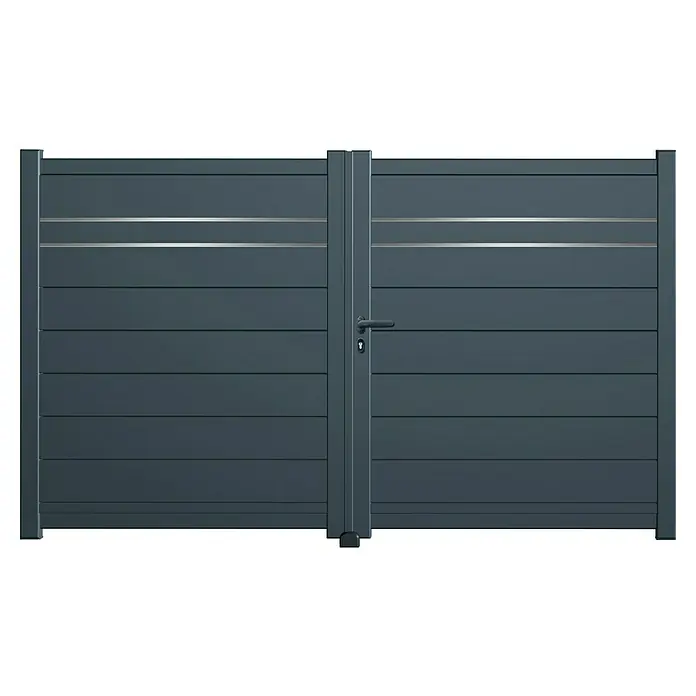 GHP360 Gartentor PH03 - 300 x 180 cm, Anthrazit RAL 7016, Aluminium - Dunkelgraues Doppeltor mit horizontalen Lamellen, zwei silbernen Akzenten, Griff und Schloss.