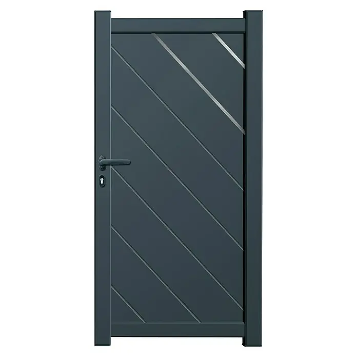 GHP360 Gartentor PH10 - 100 x 180 cm, Anthrazit RAL 7016, Aluminium - Anthrazitgraues Metallgartentor mit diagonalem Lattenmuster, integriertem Griff und Schloss.