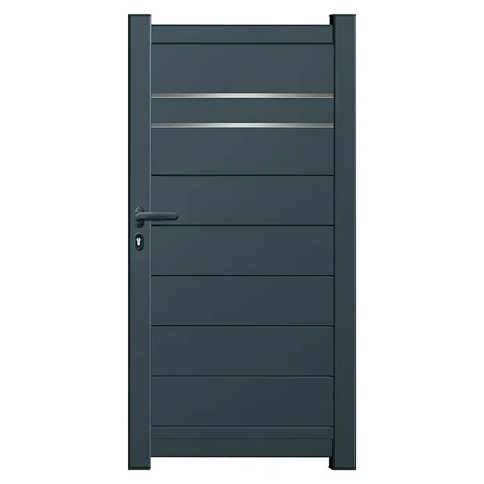 GHP360 Gartentor PH03 - 100 x 180 cm, Anthrazit RAL 7016, Aluminium - Dunkelgraues modernes Lamellen-Gartentor mit horizontalen silbernen Streifen, Griff und Schloss.