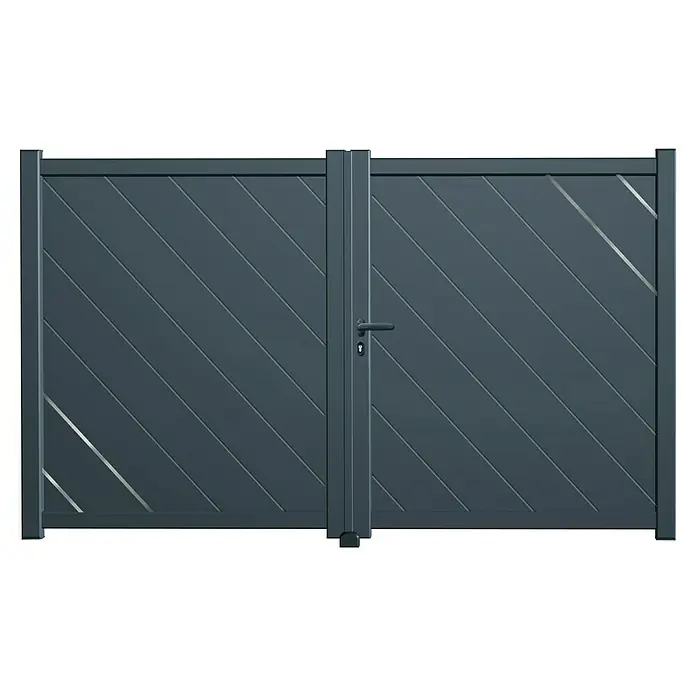 GHP360 Gartentor PH10 - 300 x 180 cm, Anthrazit RAL 7016, Aluminium - Modernes anthrazitfarbenes Aluminium-Doppeltor mit diagonaler Paneelierung und modernem Griff.
