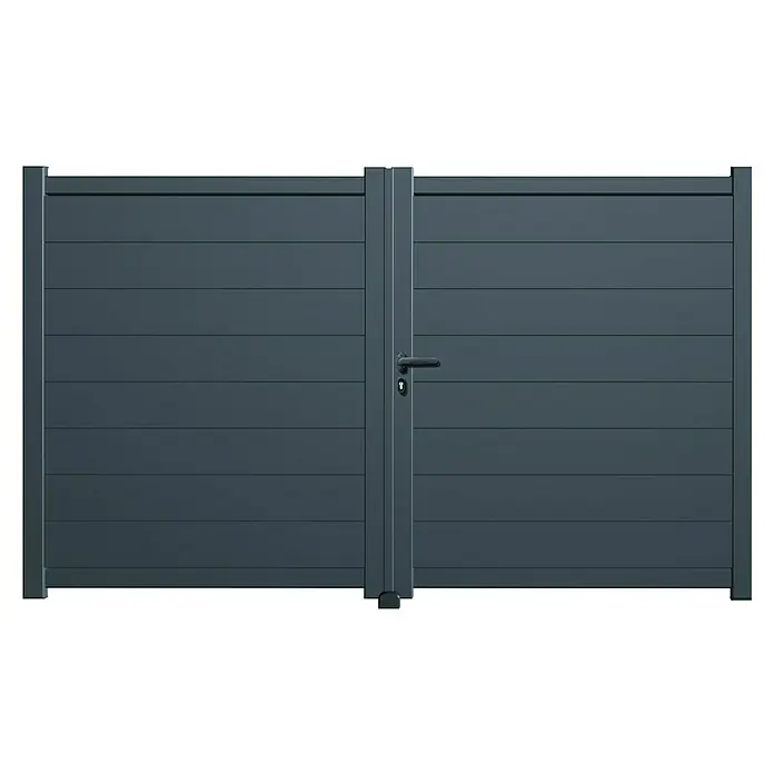 GHP360 Gartentor PH01 - 300 x 180 cm, Anthrazit RAL 7016, Aluminium - Anthrazitfarbenes Aluminium-Doppelflügeltor mit horizontalen Lamellen, Griff und Schloss.