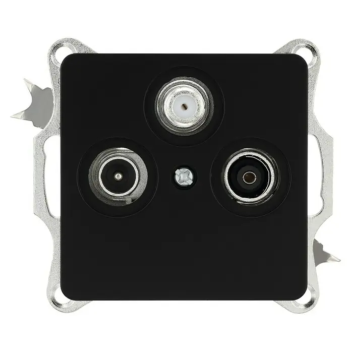Luceco Oxford Toma TV FM-SAT - Negro, Mate, Plástico, Instalación empotrada - Primer plano de una toma de antena con tres puertos, ideal para conexiones de TV y radio en una red doméstica.