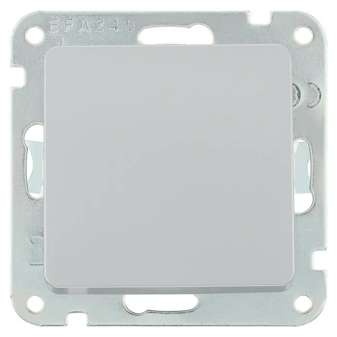 Luceco Oxford Cruzamiento - Plata, Mate, Montaje en la pared, 10 A - Primer plano de un único interruptor de luz gris EFA240, con un botón cuadrado y una placa metálica plateada.