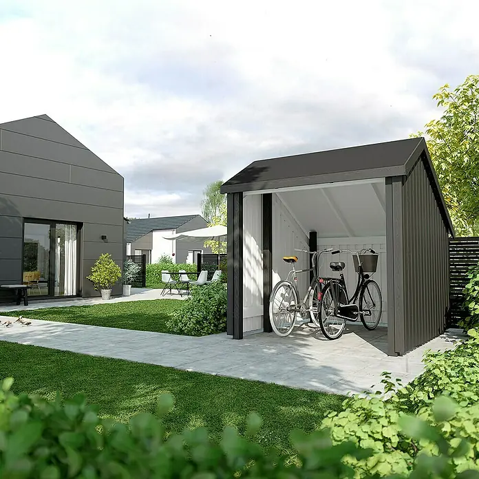 Plus Universal-Unterstand Für Fahrräder - Holz, Inkl. Dachpappe/Aluleisten - Dunkelgrauer moderner Fahrradschuppen mit zwei Fahrrädern, in einem zeitgenössischen Garten neben einem passenden Haus.