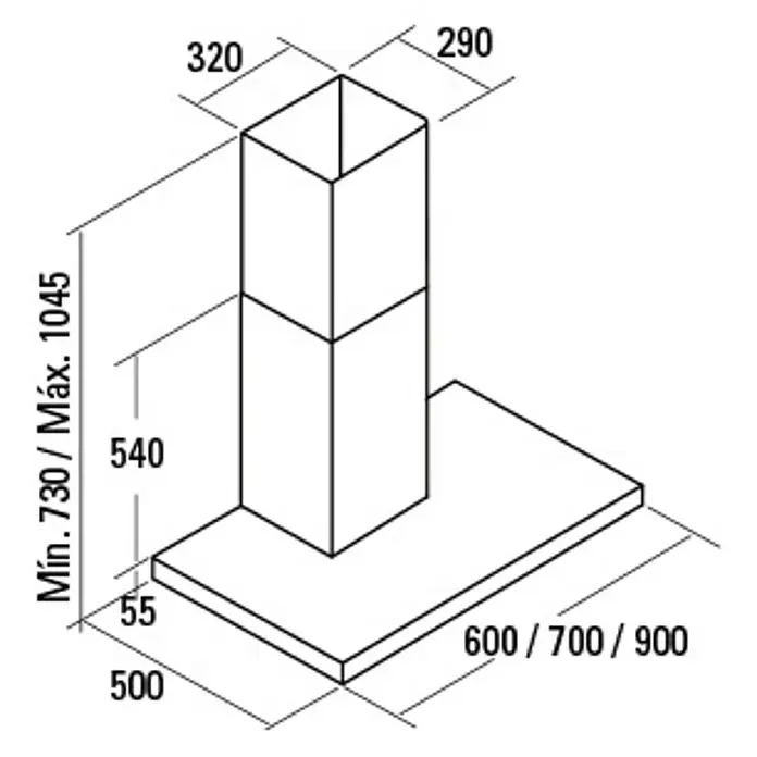 Cata Campana de pared S Plus X - Ancho: 60 cm, Máx. Potencia del ventilador en modo extracción: 645 m³/h, Acero inoxidable - Un dibujo esquemático detallado de una campana extractora, que muestra las dimensiones para la planificación e instalación.