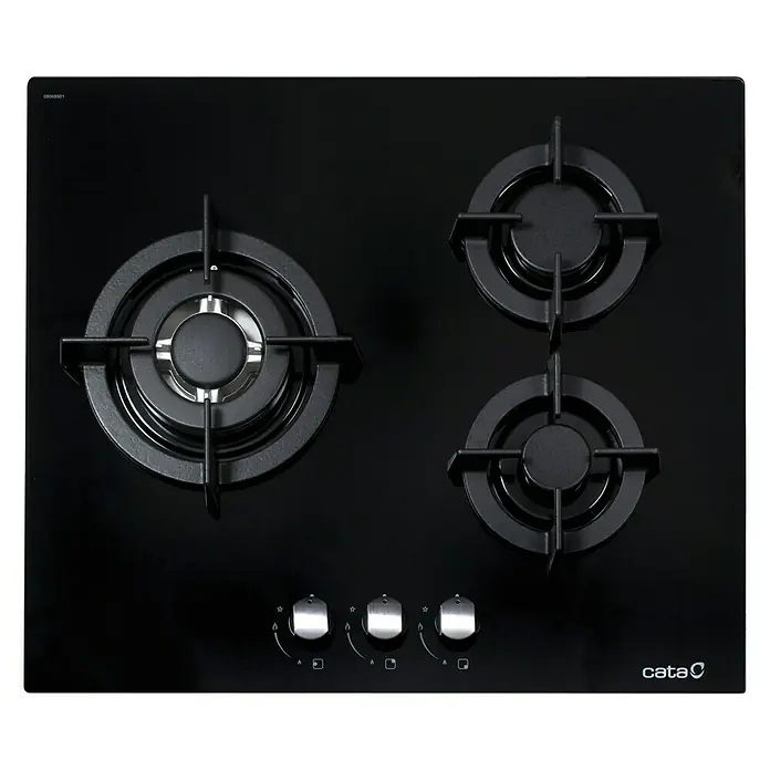 Cata Placa de cocción de cristal CCI 6021BK - L x An: 51 x 59 cm, Número de quemadores de gas: 3 ud. - Placa de gas Cata negra con cuatro quemadores y controles intuitivos para una experiencia de cocción eficiente y elegante.