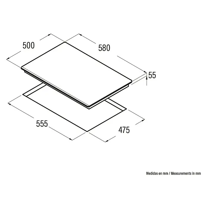 Cata Placa de cocción de cristal LCI 6021 BK - L x An: 50 x 58 cm, Número de quemadores de gas: 3 ud. - Diagrama de una placa de cocina, que muestra las medidas en milímetros. La placa de cocina se representa en dos niveles.