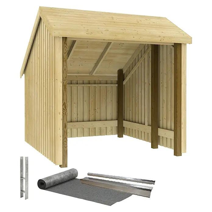 Plus Universal-Unterstand Für Fahrräder - Holz, Offen inkl. H-Pfostenanker, Dachpappe und Aluleisten - Hölzerner Anlehnschuppen aus Naturholz, dazu graue Dachpappe und silberne Metallleisten zur Montage.