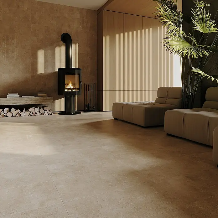 My Home Feinsteinzeugfliese - 30 x 60 cm, Beige, Matt - Stilvolles Wohnzimmer mit modernem Kamin und bequemen Loungemöbeln, das ein gemütliches Ambiente schafft.