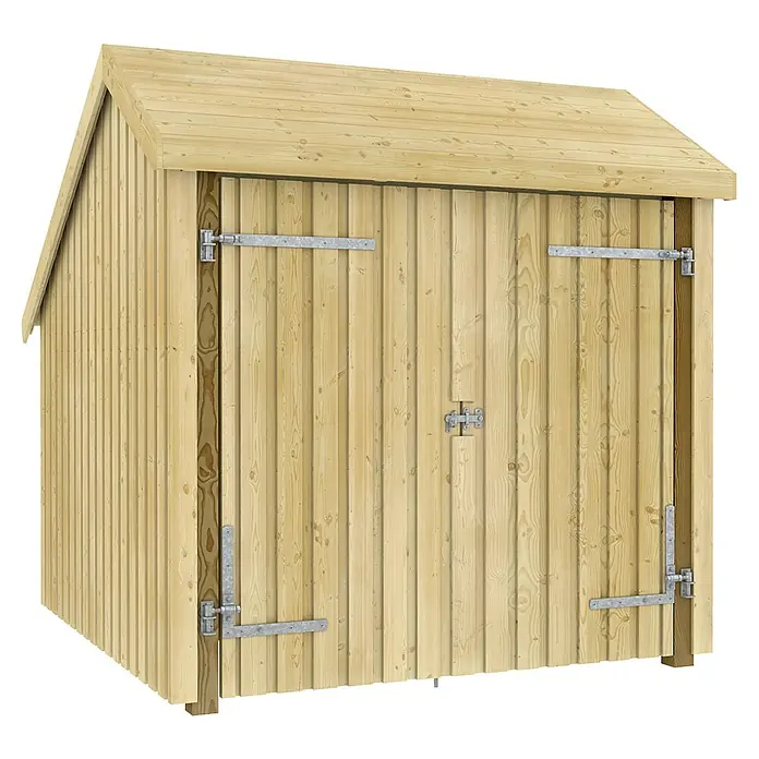 Plus Universal-Unterstand Für Fahrräder - Holz, Geschlossen - Hellbrauner Holzschuppen mit aufklappbaren Doppeltüren und Metallriegel.
