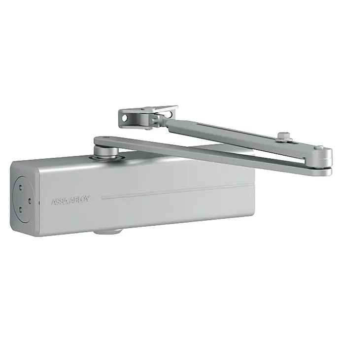 Assa Abloy Türschließer DC 200 - L x B x H: 223 x 60 x 47 mm, Max. Türbreite: 1.100 mm, Passend für: Feuerschutztür, für Rauchschutztür, Silber - Silber-grauer ASSA ABLOY Türschließer mit Gelenkarm für kontrolliertes Schließen.