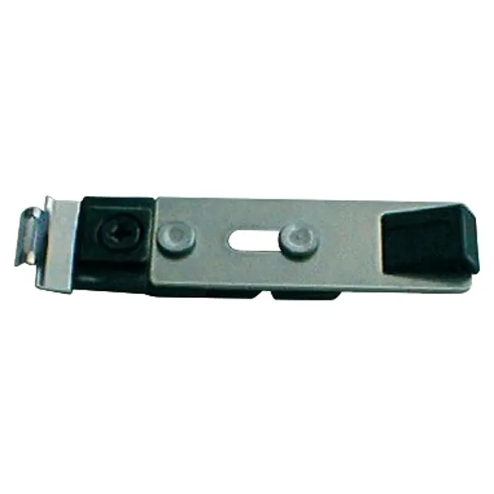 GEZE Türfeststeller TS 3000/ 5000 - L x B x H: 126 x 57 x 29 mm, Silber - Nahaufnahme einer silberfarbenen SFP-Halterung mit Schrauben und schwarzen Anschlüssen, die eine stabile Verbindung in Netzwerkgeräten gewährleistet.