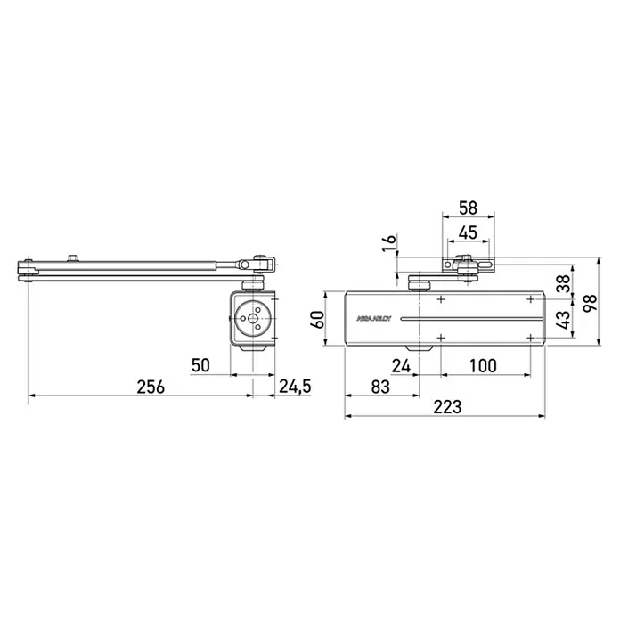 Assa Abloy Türschließer DC 200 - L x B x H: 223 x 60 x 47 mm, Max. Türbreite: 1.100 mm, Passend für: Feuerschutztür, für Rauchschutztür, Silber - Technische Zeichnung eines Türschließers mit Arm, zeigt verschiedene Abmessungen.