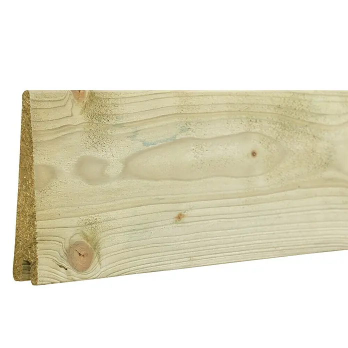 Plus Profilholz Klink - Natur, L x B x H: 177 cm x 14 mm x 2,7 cm - Nahaufnahme eines unbehandelten, hellen Holzbretts mit sichtbarer Maserung und natürlichen Astlöchern. Ideal für Bau- und DIY-Projekte.