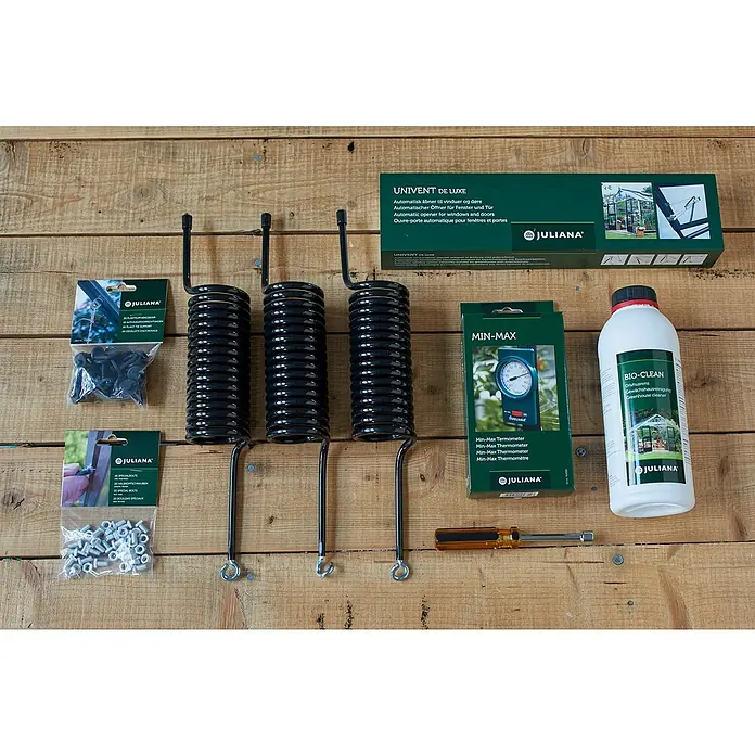 Juliana Starter-Set - Passend für: Juliana & Halls Gewächshäuser - Das Bild zeigt eine Auswahl von Juliana-Produkten für Gewächshäuser, darunter automatische Fensteröffner, Thermometer und Reiniger.