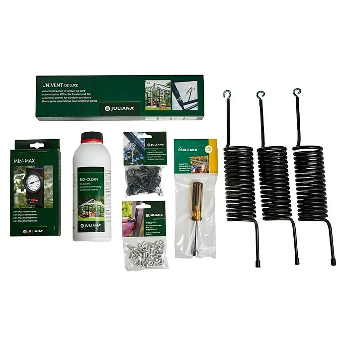 Juliana Starter-Set - Passend für: Juliana & Halls Gewächshäuser - Produktansicht von Juliana Gewächshauszubehör, darunter Fensteröffner, Thermometer, Reinigungsmittel, Schrauben, Halterungen und Federn.