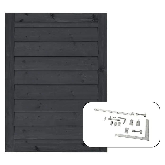 Plus Gartentor Klink Inkl. Beschläge - L x B x H: 125 x 100 x 4,4 cm, Kiefer, Schwarz RAL 9005 - Das Bild zeigt eine Holztür und ein Set von Türbeschlägen, ideal für die Installation einer robusten und sicheren Gartentür.