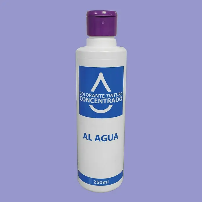 Colorante Concentrado al agua - Violeta, 250 ml - Una botella de colorante concentrado "Al Agua" con tapón morado y etiquetas azules.