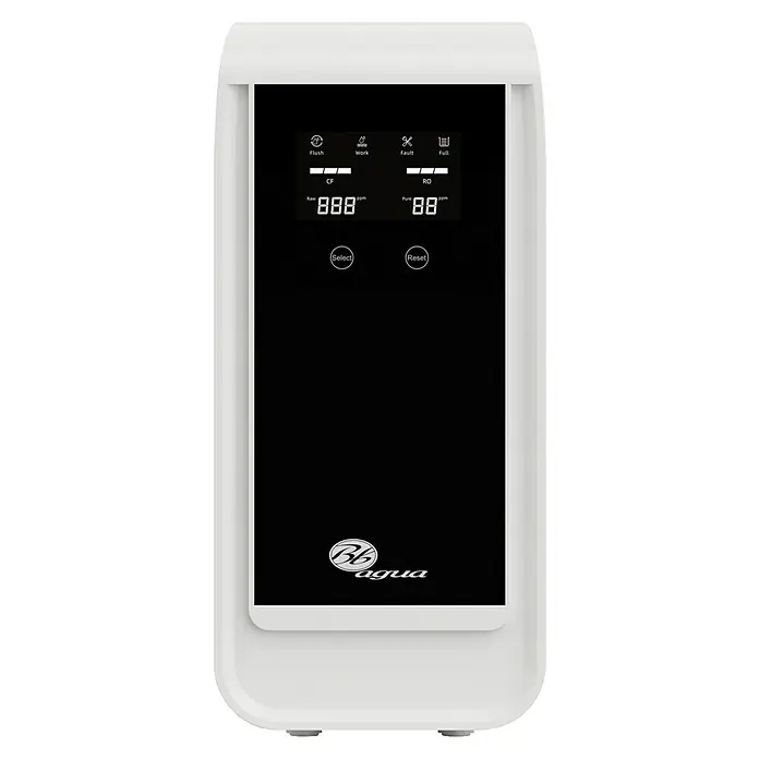 Bb agua Equipo de ósmosis inversa Home Direct Flow 600 - Caudal: 96 l/h - Primer plano de un sistema de purificación de agua Bbagua, con una pantalla digital que muestra los modos de limpieza y la calidad del agua.