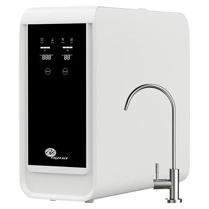 Bb agua Equipo de ósmosis inversa Home Direct Flow 600 - Caudal: 96 l/h - Esta imagen muestra un filtro de agua Bbagua con pantalla digital y un grifo elegante.