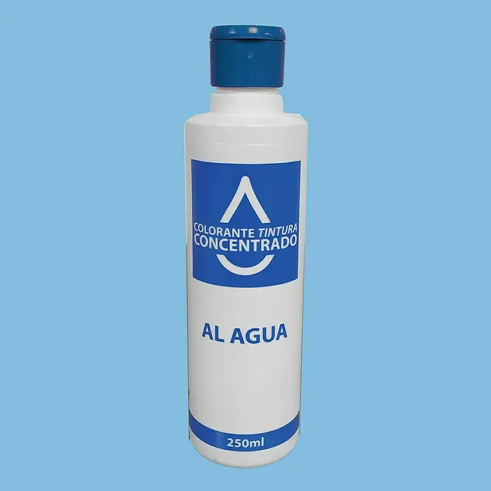 Colorante Concentrado al agua - Azul, 250 ml - Imagen de producto de una botella blanca de 250ml con tapón azul, etiquetada como "Colorante Tintura Concentrado Al Agua".