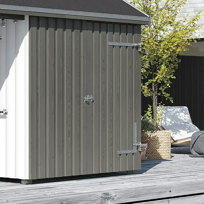 Plus Beschlag-Set für Einzeltür 70 mm - Stahl - Detailansicht eines modernen Gartenschuppens mit grauen Holzvertäfelungen und weißem Seitenteil, ideal für die Gartenaufbewahrung.