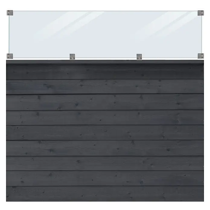 Plus Sichtschutzelement Klink inkl. Glas - L x B x H: 163 cm x 174 mm x 2,7 cm, Holz, Schwarz RAL 9005 - Detailansicht einer Glaswand mit grauem Holzhintergrund. Moderne Architektur mit klaren Linien und natürlicher Textur.