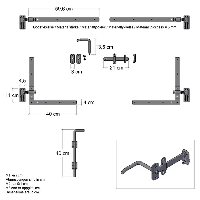 Plus Doppeltorbeschlag für Doppeltür 70 mm - Stahl - Technical drawing of a gate fitting set with dimensions. Material thickness is 5mm.